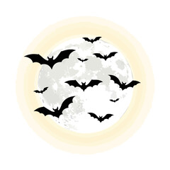 Spooky Halloween Night Scene with Bats Flying Around a Glowing Full Moon and Dark Sky