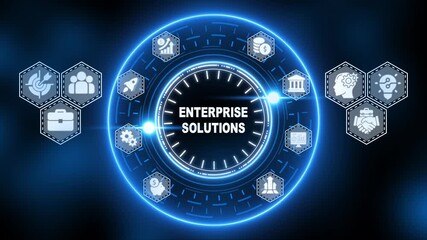 Digital enterprise solutions concept with glowing blue neon circle and technology icons Keywords: enterprise solutions, business, technology, digital, network, data, storage, server, connection