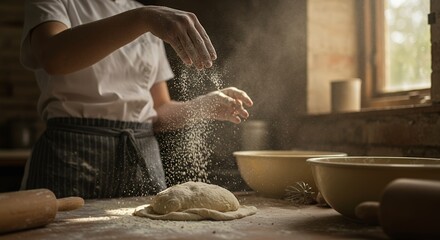 Person sprinkling flour onto a ball of dough on a wooden kitchen counter with large mixing bowls and a window with natural light in the background