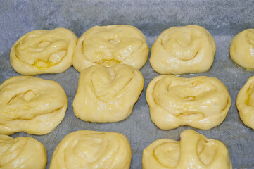 Raw buns in a bakery