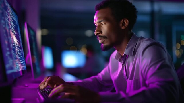 An African American IT professional under stark purple light develops AI software for machine learning hyper realistic terminal code glowing moody shadows in a high tech