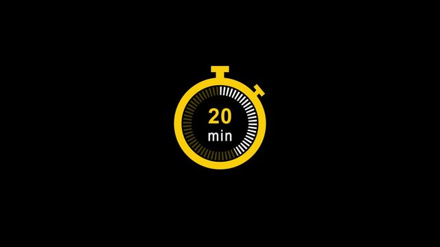 20 minute stopwatch icon on black background. 20 minute timer count animation . Stopwatch icon Motion graphics digital and analog clock.