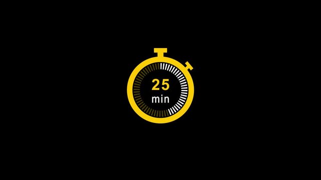 25 minute stopwatch icon on black background. 25 minute timer count animation . Stopwatch icon Motion graphics digital and analog clock.