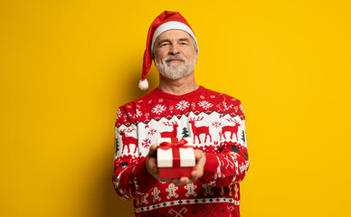 Merry mature man wear red warm knitted sweater Santa hat posing hold present box with gift ribbon bow isolated on yellow