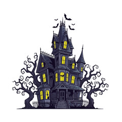Obraz premium Spooky Haunted Mansion House with Flying Bats Spiders and Barren Trees Halloween Scene