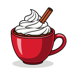 Cozy Red Cup Illustration With Hot Chocolate Whipped Cream and Cinnamon Stick