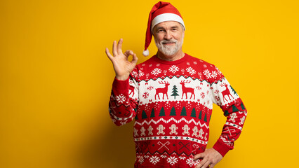 Happy charming positive mature man make okay sign recommend