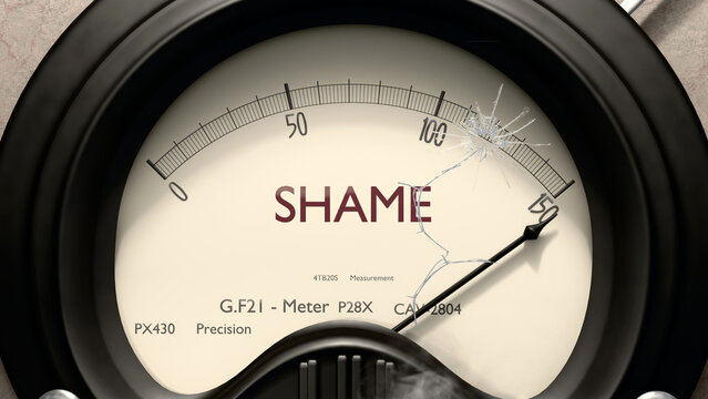 Shame meter showing high levels of shame. Dangerously increasing values of shame, critical overload. Too much, off the charts. Max shame ,3d illustration