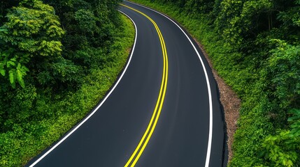 Fototapeta premium Curving Road Through Lush Green Forest Landscape in Tranquil Nature Scene with Bright Yellow Lane Markings