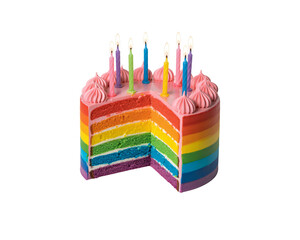 rainbow layered cake with candles, colorful birthday cake slice dessert