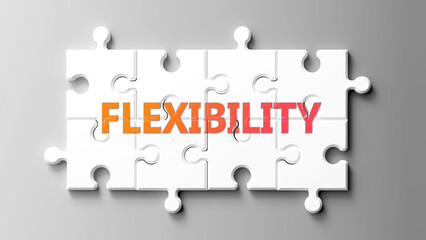Flexibility complex like a puzzle - pictured as word flexibility on a puzzle pieces to show that flexibility is complex and needs cooperating pieces that fit together. ,3d illustration