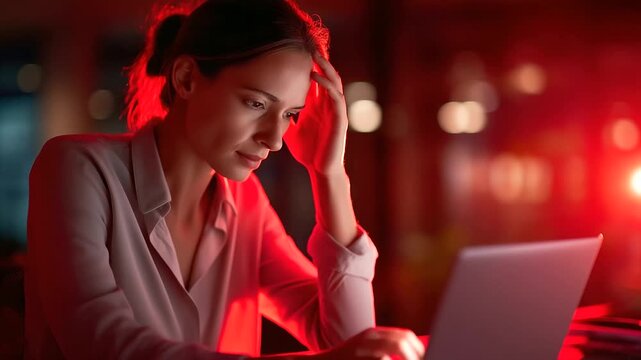 An exhausted manager under stark red light grips her head in frustration staring at a laptop hyper realistic workload alerts glowing moody shadows on a cluttered desk bold