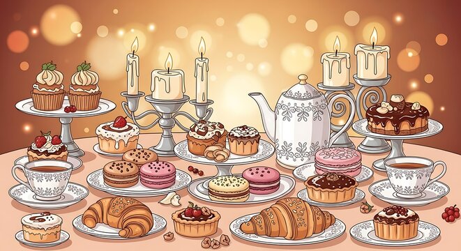 Elegant Dessert Table with Candles and Assorted Pastries.