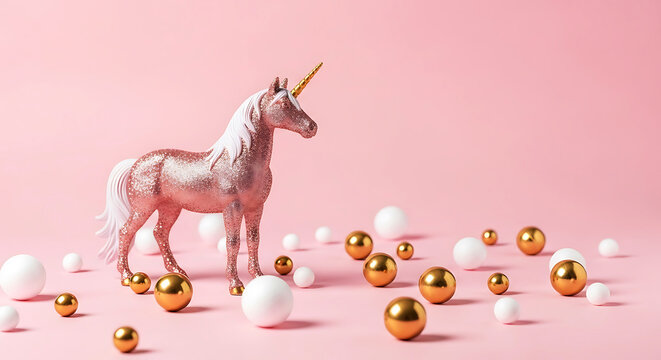 Glittering Unicorn Surrounded by Gold and White Spheres