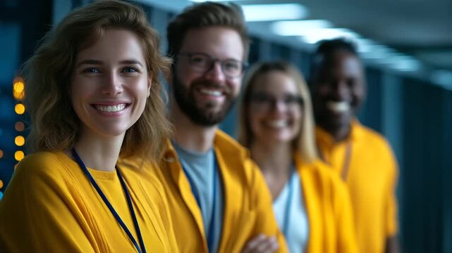 A cheerful data center engineering team under bold yellow light manages server virtualization hyper realistic scripts glowing moody shadows on server racks bright colors in