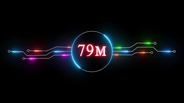 Neon 79 million followers and subscribers text animation. Neon glowing social media celebration, subscriber's. 