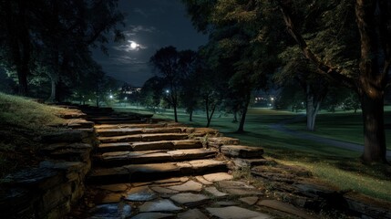 Stone steps lead through a quiet night park as a full moon rises over a hill, casting a soft, romantic glow across the scene.