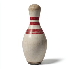 A single vintage bowling pin with red stripes on a white background