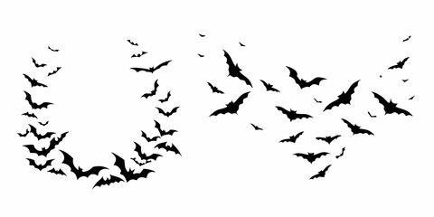 A swarm of black bats flying in a chaotic pattern against a white background