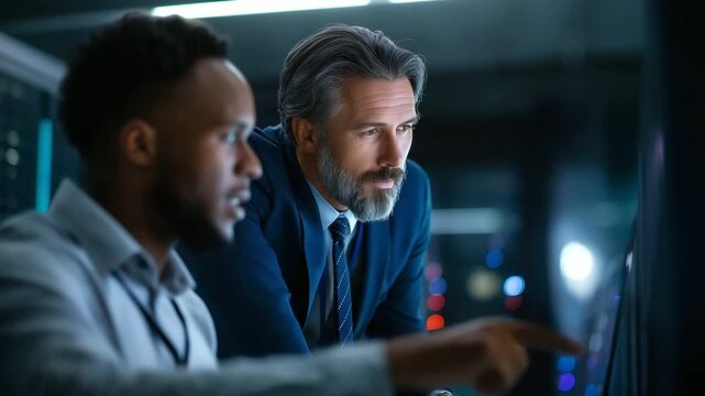 A data center manager under stark teal light supervises an engineer analyzing supercomputer data hyper realistic visuals glowing moody shadows on server racks bold colors in