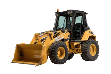 Yellow construction vehicle, front view.  Robust machinery with a large bucket for digging or loading.  Dark gray/black details on the cab and undercarriage.  Full size tires.  