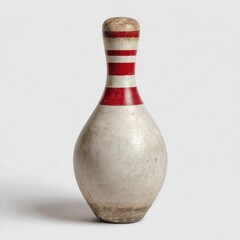 Vintage bowling pin with red stripes on white background