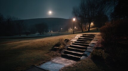 Stone steps lead through a quiet night park as a full moon rises over a hill, casting a soft, romantic glow across the scene.