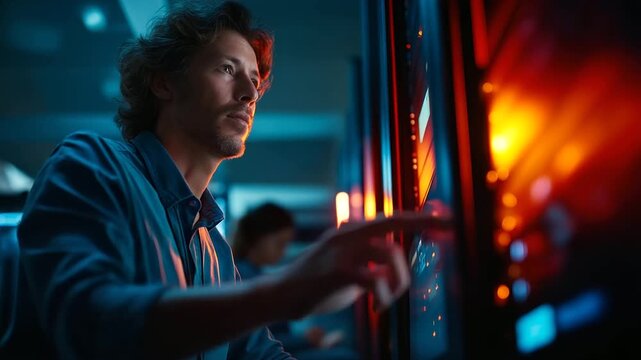 A data center manager under vibrant teal light oversees a technician monitoring system performance hyper realistic bottleneck visuals glowing moody shadows on server racks