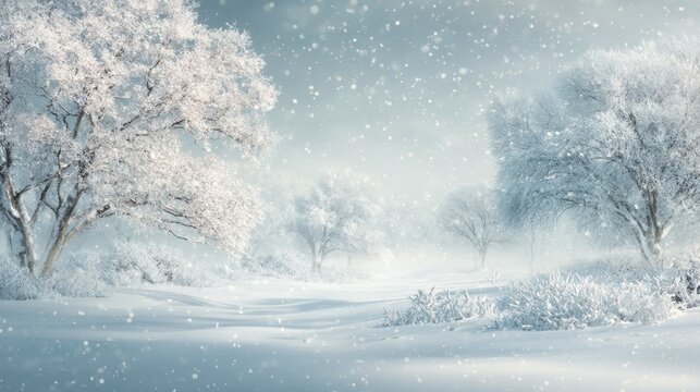 Snow-covered trees and gentle snowfall under a pale blue sky create a peaceful and enchanting winter scene. - Powered by Adobe