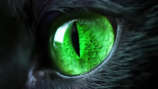 A striking black cat gazes with its vivid green eye, revealing intricate patterns and textures within the iris. The natural lighting enhances the eye's luminosity and depth.