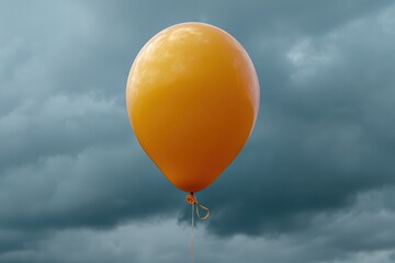Single orange balloon floating against a dramatic cloudy sky