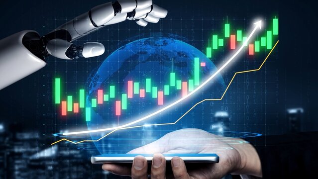 A futuristic robotic hand reaching for a smartphone shows a vibrant stock market chart, symbolizing technology role in finance and investment growth. Copula
