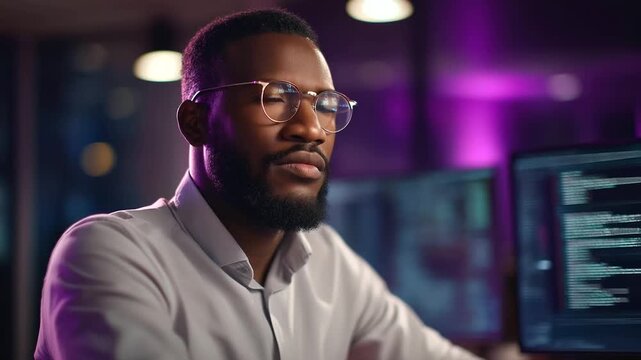 An African American IT professional under stark purple light develops AI software for machine learning hyper realistic terminal code glowing moody shadows in a high tech
