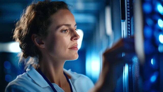 A female system admin in a data center under vibrant blue light configures server architecture hyper realistic processing visuals glowing moody shadows on server racks bold