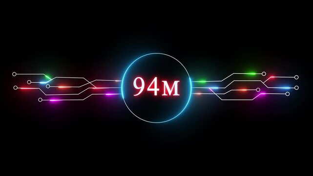 Neon 94 million followers and subscribers text animation. Neon glowing social media celebration, subscriber's. 