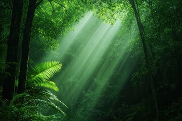 Obraz premium Sunlight Filters Through Lush Green Jungle Canopy Creating Ethereal Atmosphere in Dense Tropical Forest Environment
