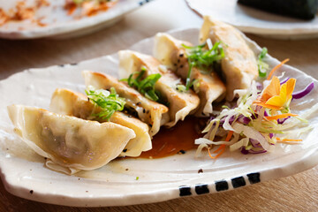 Freshly cooked Japanese dumplings, crispy gyoza with spring onion topping.