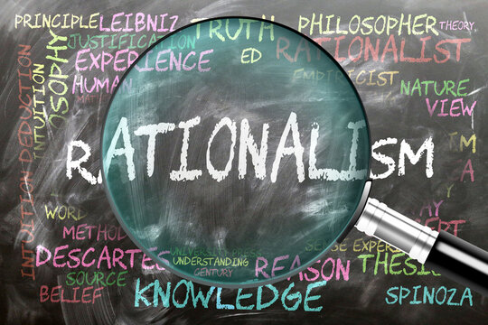 Rationalism being studied, examined - under close inspection. Most important subjects and ideas closely related to rationalism written on a blackboard inspected by a magnifying glass. ,3d illustration