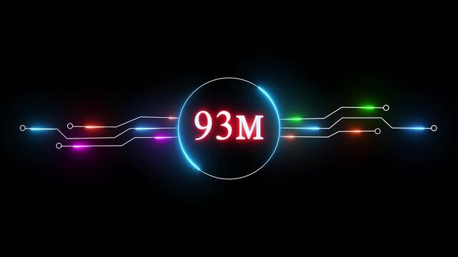 Neon 93 million followers and subscribers text animation. Neon glowing social media celebration, subscriber's. 