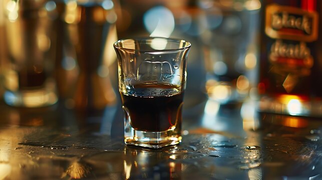 Close up of a shot glass filled with dark liquid on a wet surface with blurred background bokeh lights - Powered by Adobe