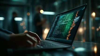 A close up of a laptop screen in a data center under bold green light showing energy consumption code hyper realistic visuals glowing moody shadows on a blurred engineer - Powered by Adobe