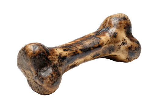 Close-up of a dog bone toy.  It's a light brownish-tan color with dark brown mottled markings. The bone is angled, and the ends are rounded