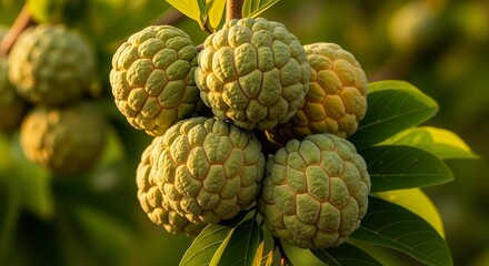 Fototapeta premium Exquisite Tropical Annona Fruit Cluster Hanging on Branch with Textured Skin