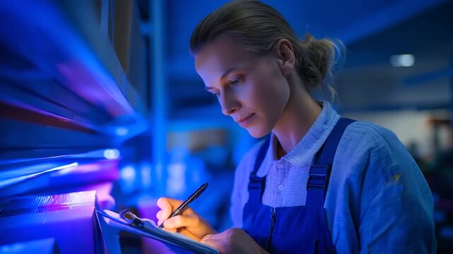 A female depot worker in coveralls under vivid blue light answers a landline hyper realistic inventory lists glowing on a clipboard moody shadows on shelves bold colors in par