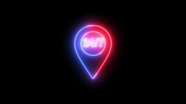 24/7 Location Pin Neon Sign Animation - Powered by Adobe