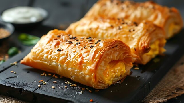 Close up of two golden brown pastries with seeds on a dark surface ready to be enjoyed for breakfast