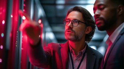 A data center manager under stark red light guides an engineer using deep learning algorithms hyper realistic pattern recognition visuals glowing moody shadows on server racks - Powered by Adobe