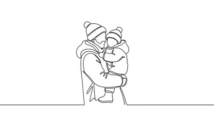 Fototapeta premium Father holding child in winter coats while embracing outdoors 