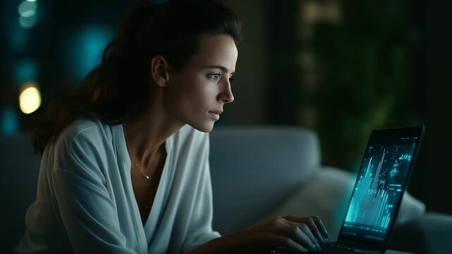 A close up of a female financial advisor in a cozy living room under stark teal light drafting reports on a laptop hyper realistic charts glowing moody shadows on a sofa bold