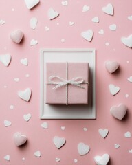 A pink flat lay frame with scattered white hearts and space in the center, creating a soft and romantic Valentine&rsquo;s Day look.